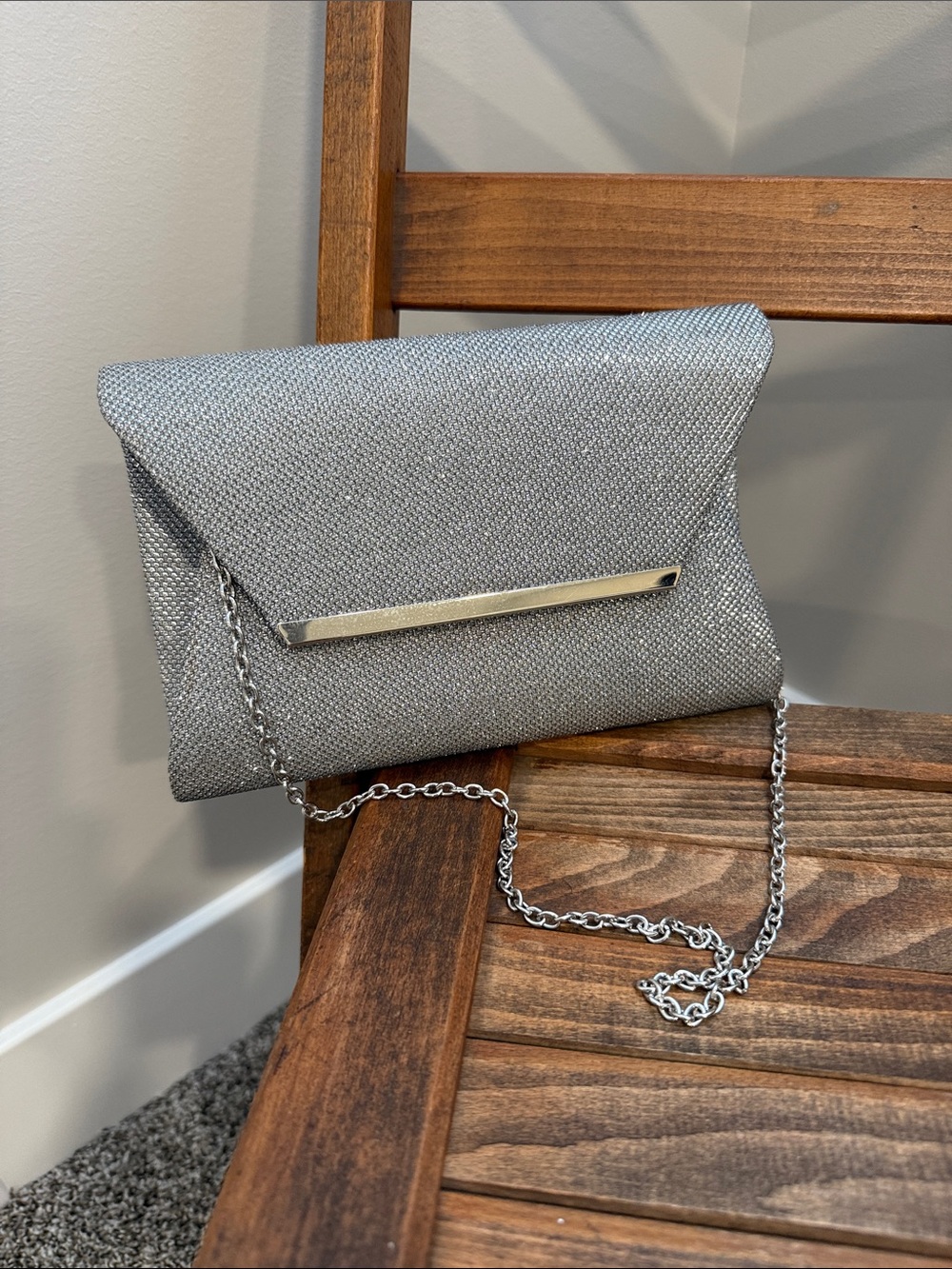 Jessica McClintock Silver Metallic Evening Clutch Removable Chain Formal Prom